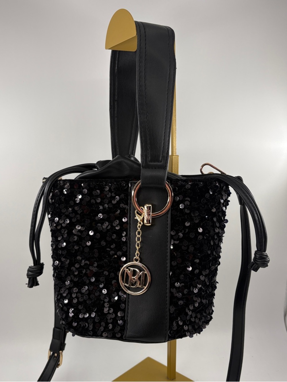 Badgley Mischka Black Sequin Mini Drawstring Bucket Bag with Gold Charm